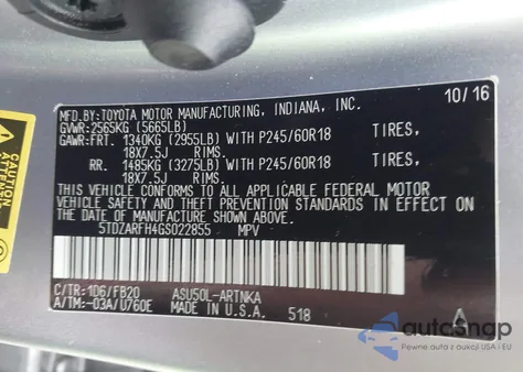 2016 Toyota Highlander Le from USA, damaged, VIN 5TDZARFH4GS022855